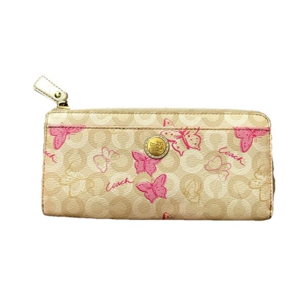 COACH Leather Pink Brown Cream Butterfly Canvas Women’s Wallet Multi Pocket - Picture 1 of 14